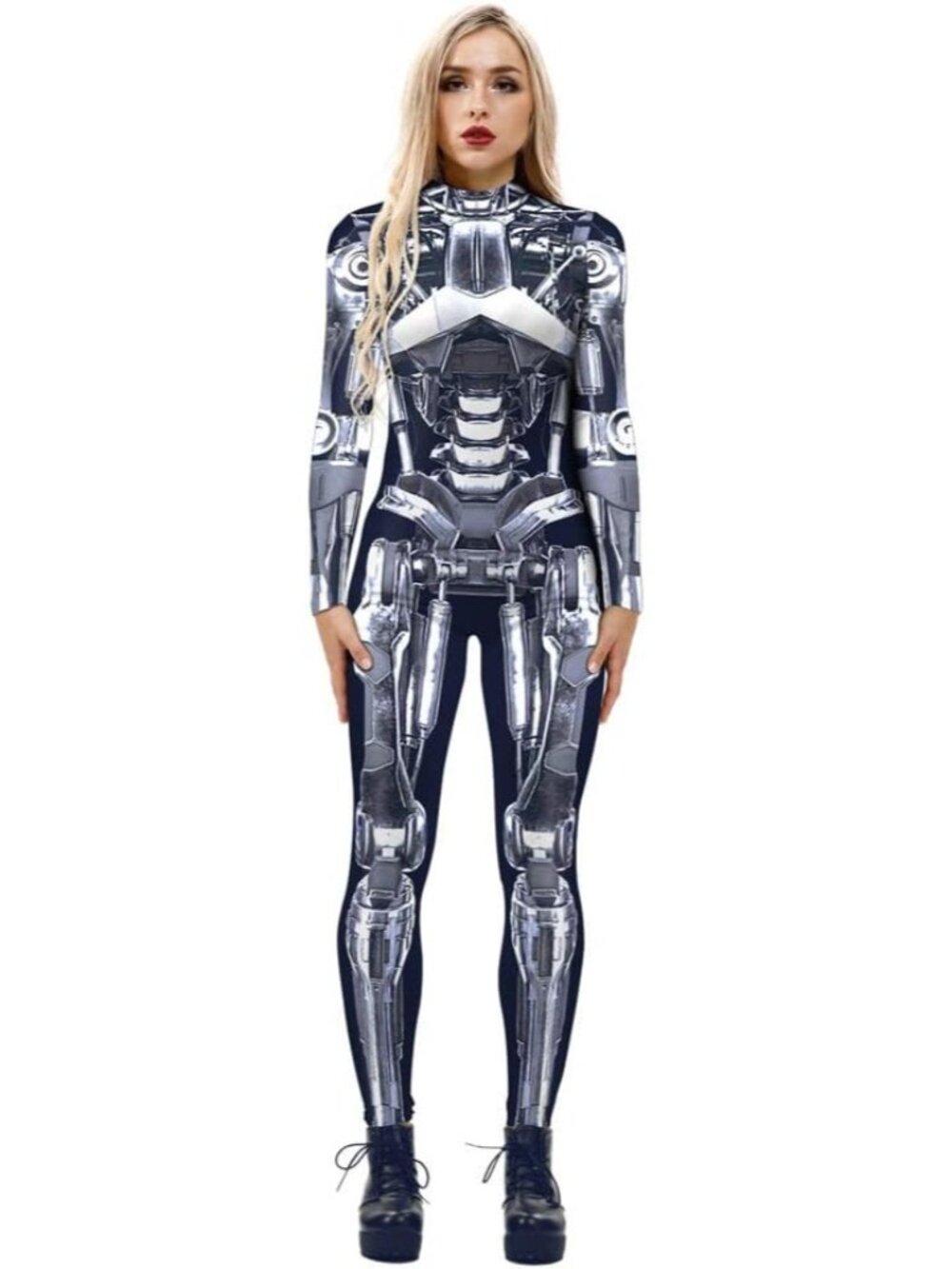 Women's Silver White Sci Fi Skeleton Bodycon Jumpsuit Full Body Unitard Rave